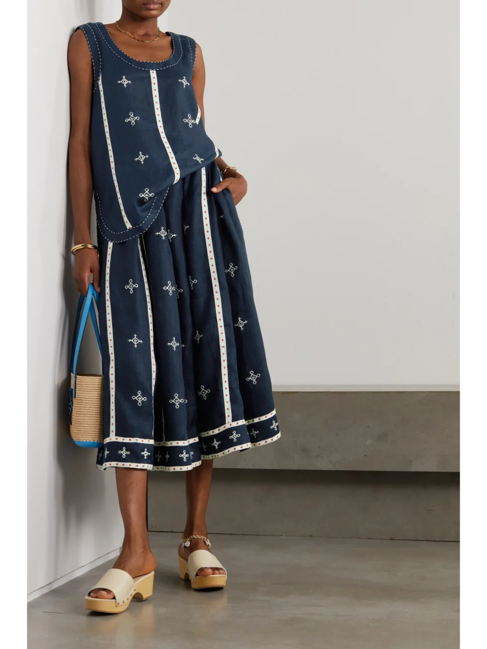 Vita Kin Gera Embroidered Linen Midi Skirt, worn by a model
