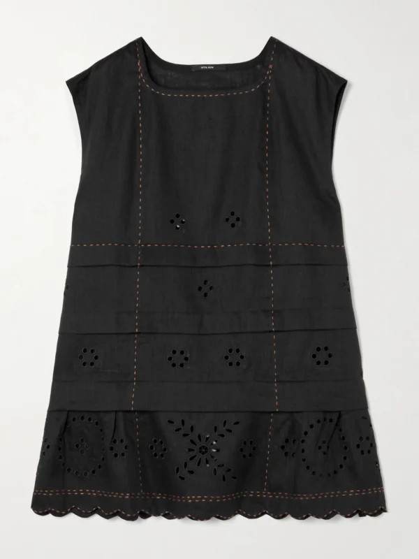 Vita Kin Gigi Topstitched Broderie Anglaise Linen Tank
