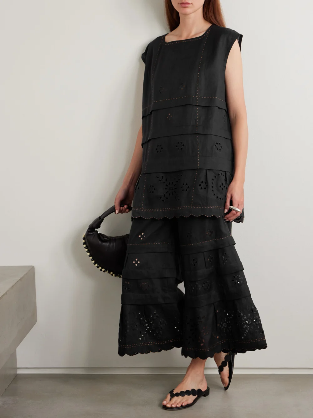 Vita Kin Gigi Topstitched Broderie Anglaise Linen Tank, worn by a model