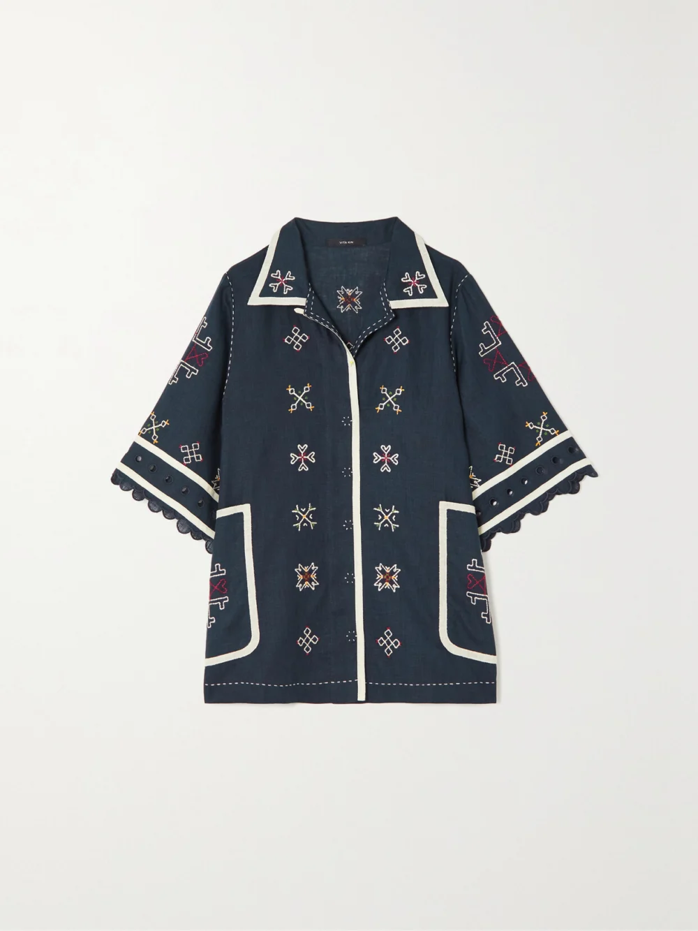 Vita Kin Greta Broderie Anglaise-trimmed Embroidered Linen Blouse in navy