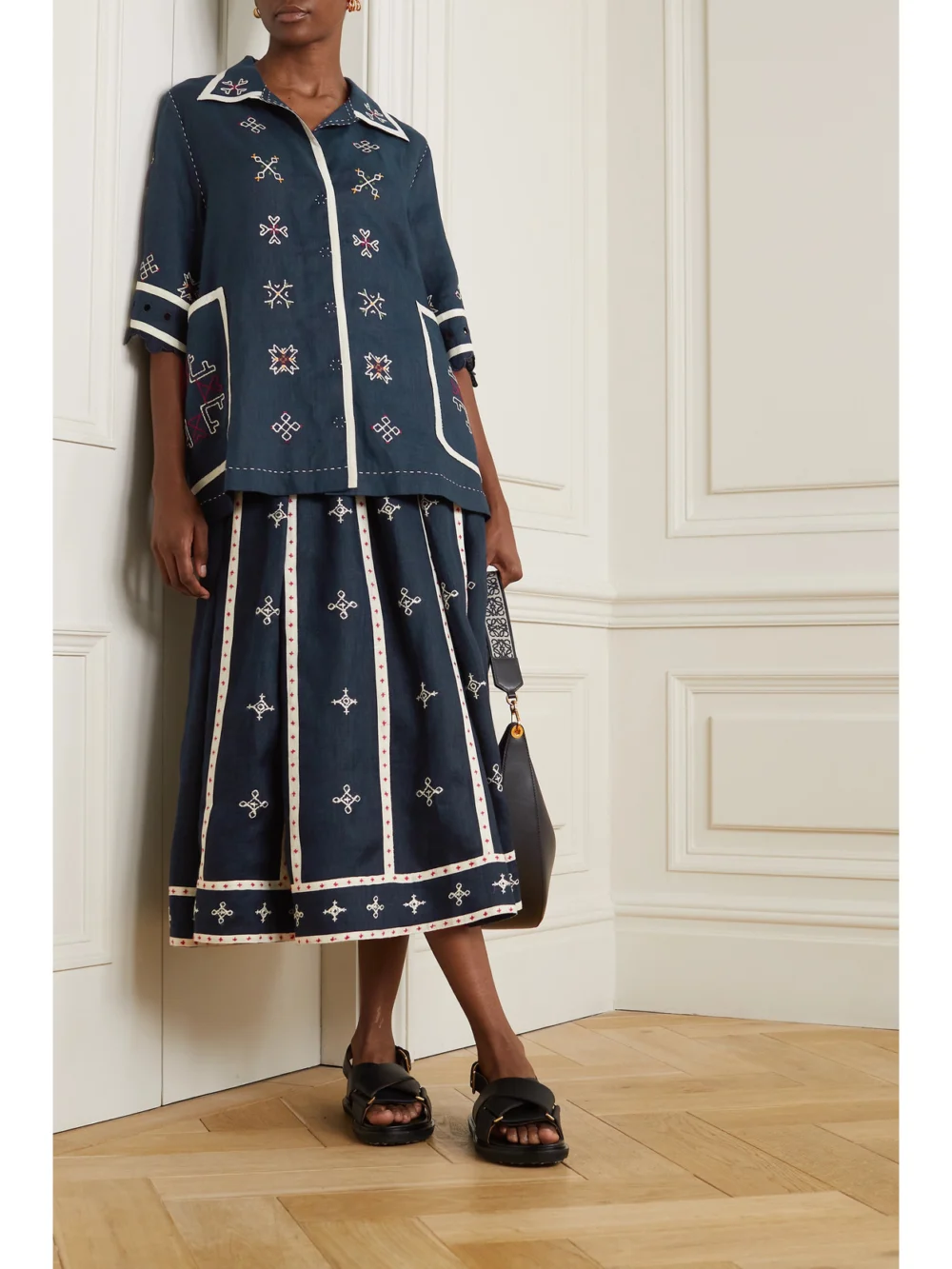 Vita Kin Greta Broderie Anglaise-trimmed Embroidered Linen Blouse, worn by a model
