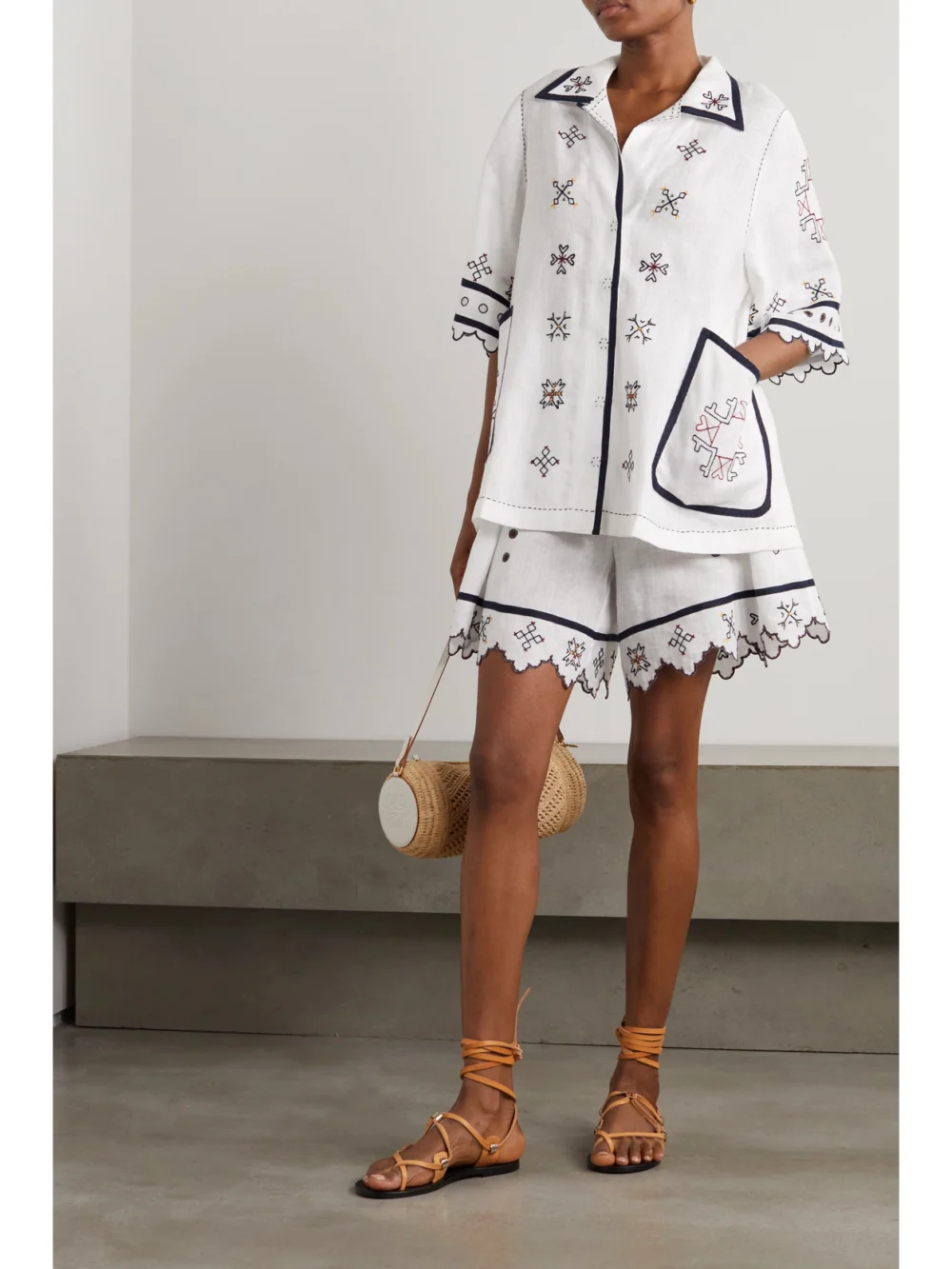 Vita Kin Greta Broderie Anglaise-trimmed Embroidered Linen Blouse, worn by a model
