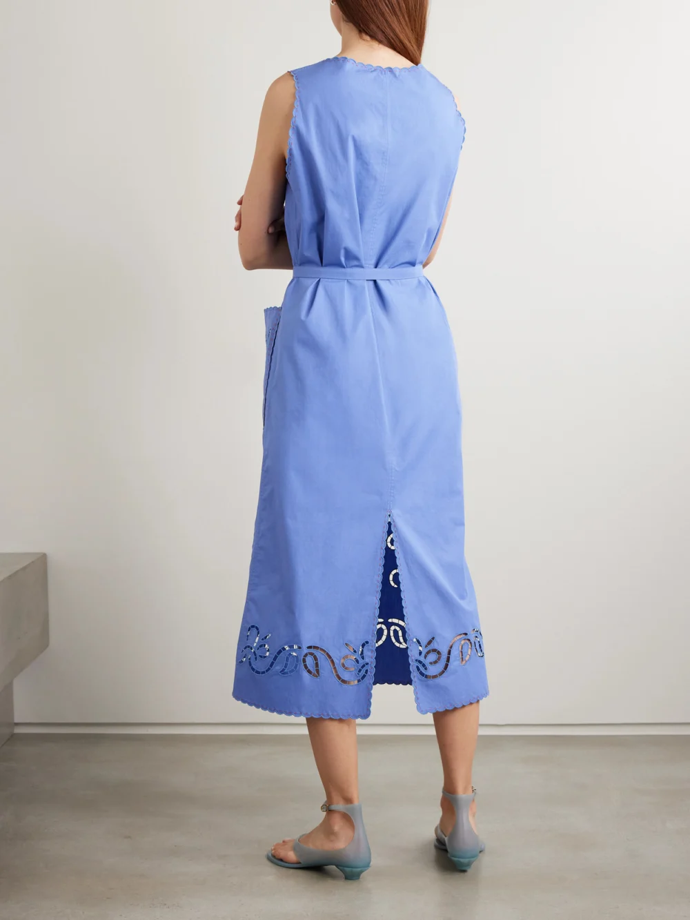 Back view of the Vita Kin Katya Belted Scalloped Broderie Anglaise Cotton Midi Dress