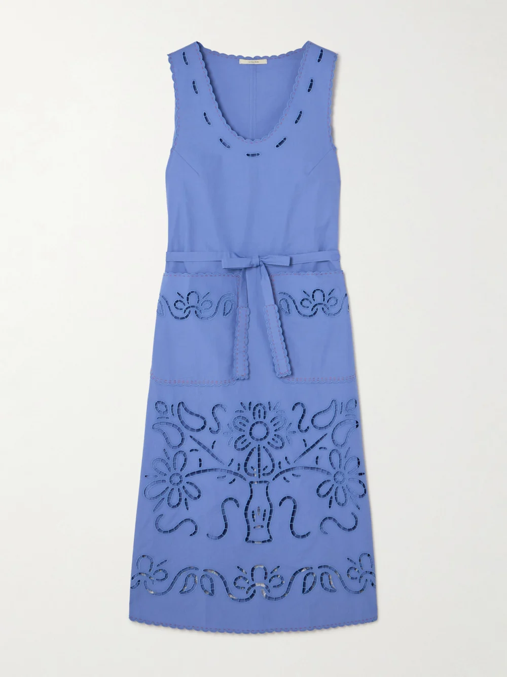 Vita Kin Katya Belted Scalloped Broderie Anglaise Cotton Midi Dress in blue