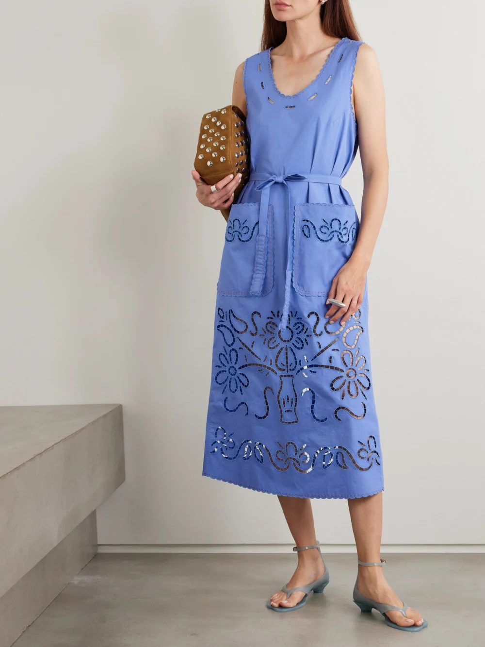 Vita Kin Katya Belted Scalloped Broderie Anglaise Cotton Midi Dress, worn by a model
