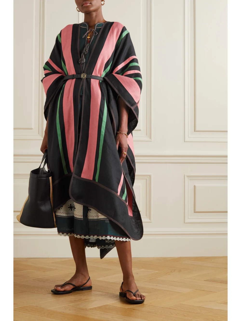 Vita Kin Ola Striped Linen Cape, worn by a model