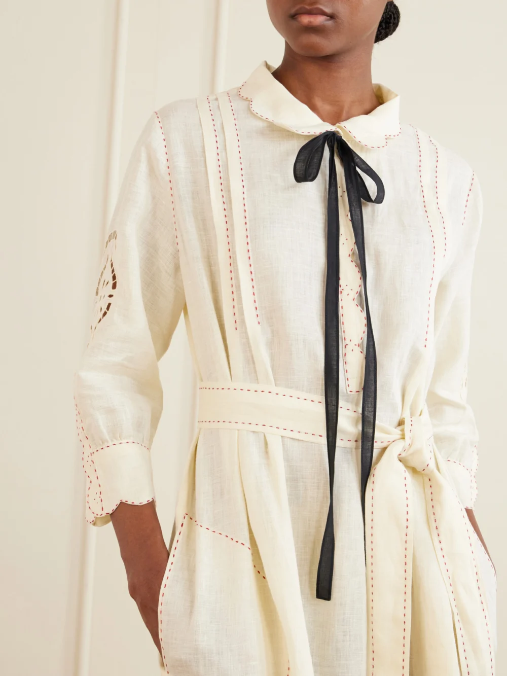 Close-up detail of the Vita Kin Samarkand Broderie Anglaise-trimmed Belted Linen Midi Dress