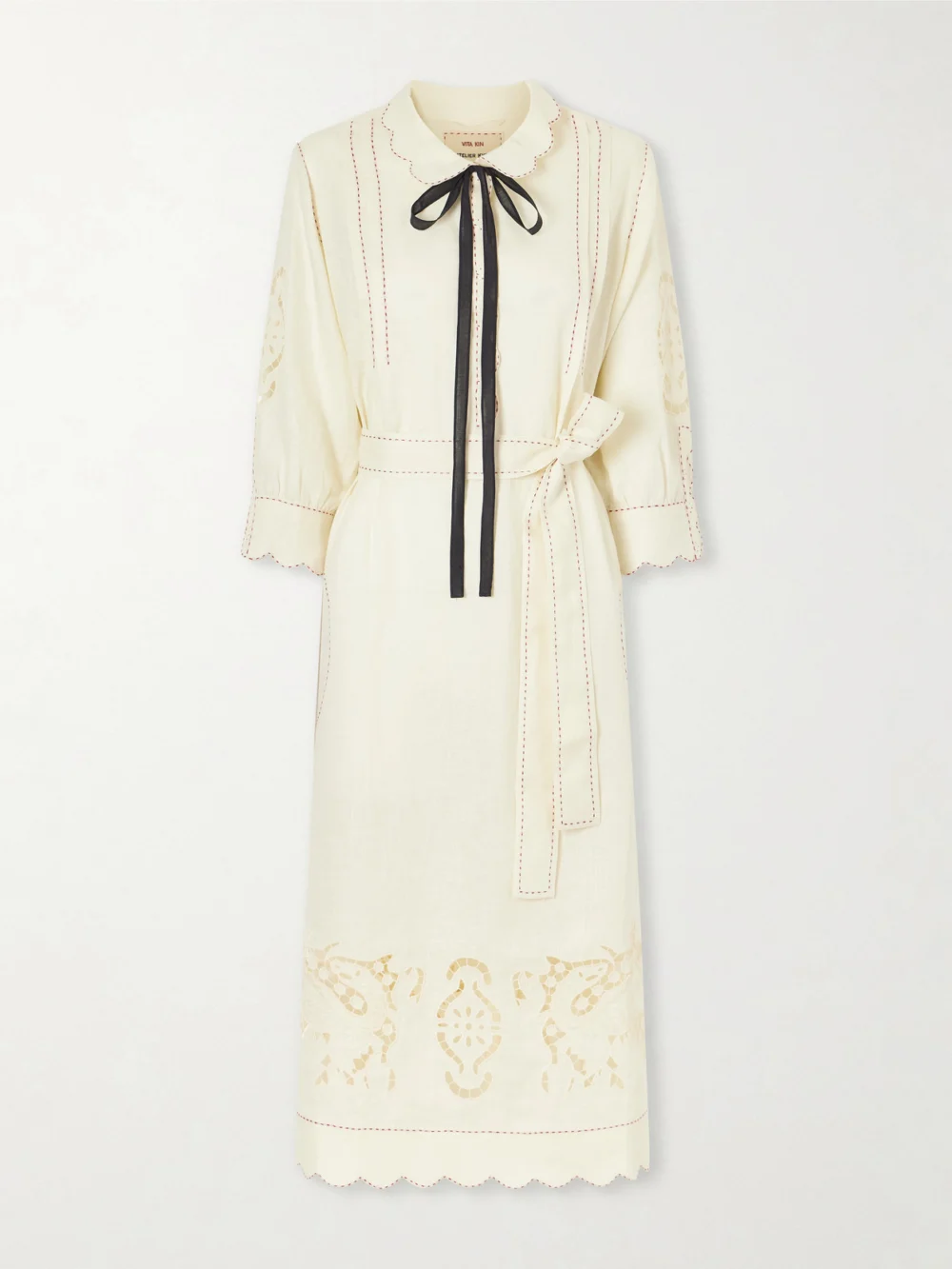 Vita Kin Samarkand Broderie Anglaise-trimmed Belted Linen Midi Dress in cream