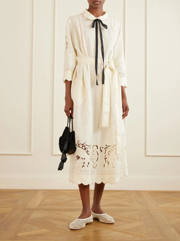 Vita Kin Samarkand Broderie Anglaise-trimmed Belted Linen Midi Dress