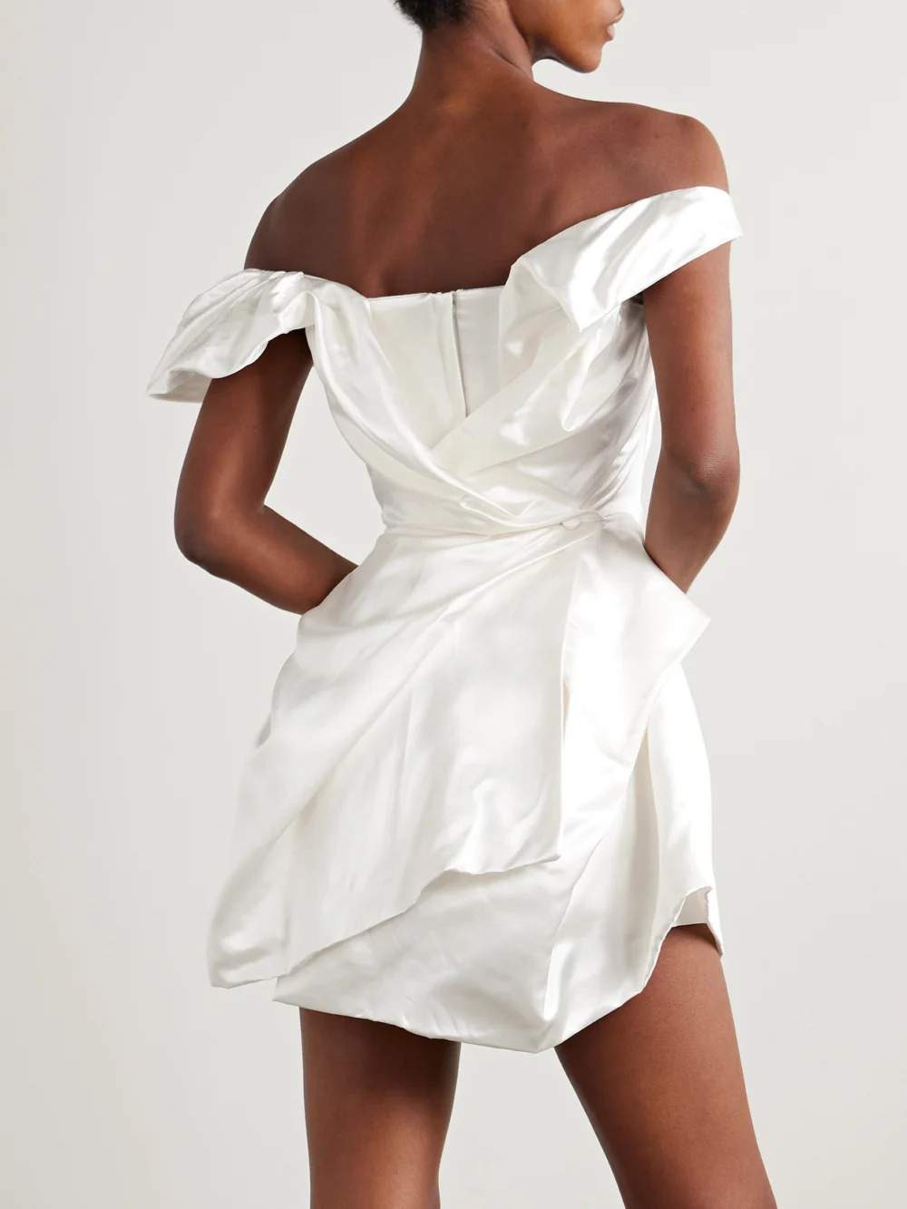 Back view of the Vivienne Westwood Aurora Off-the-shoulder Draped Silk-satin Mini Dress