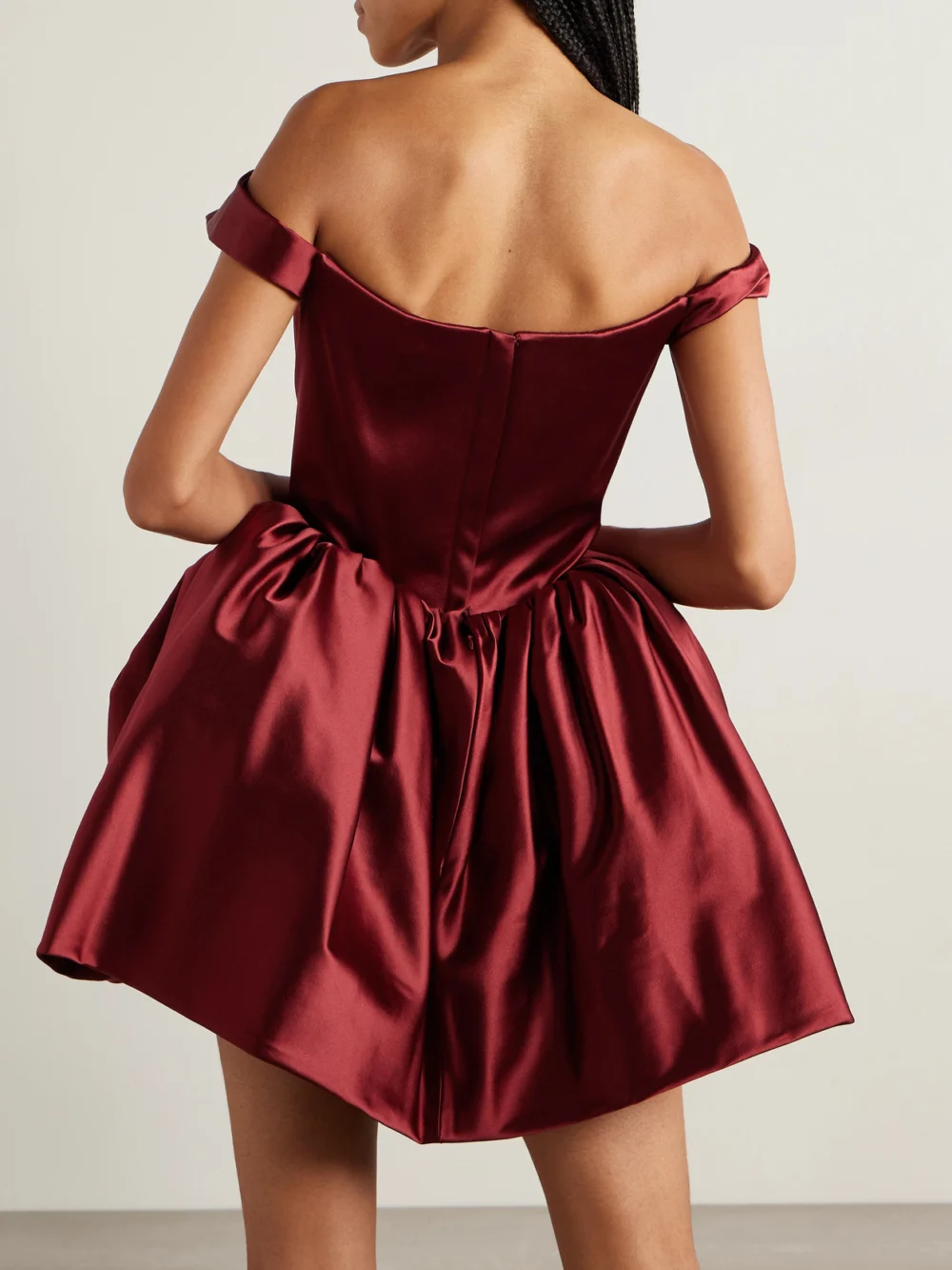 Back view of the Vivienne Westwood Bagatelle Off-the-shoulder Gathered Duchesse-satin Mini Dress