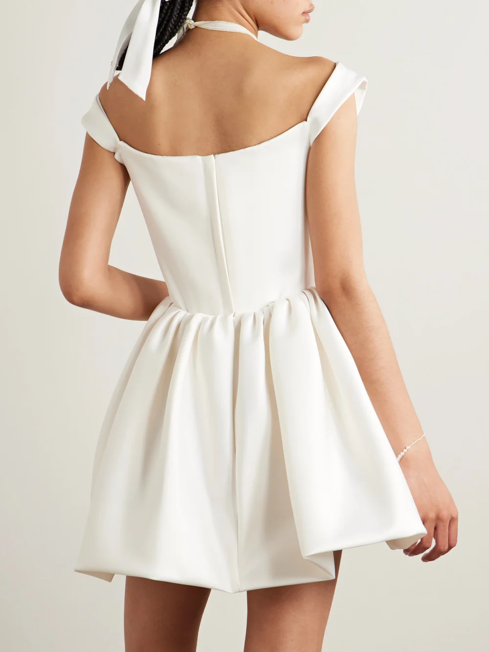 Back view of the Vivienne Westwood Bagatelle Off-the-shoulder Gathered Duchesse Silk-satin Mini Dress