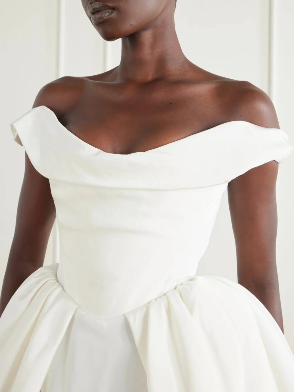 Close-up detail of the Vivienne Westwood Bagatelle Off-the-shoulder Gathered Faille Mini Dress