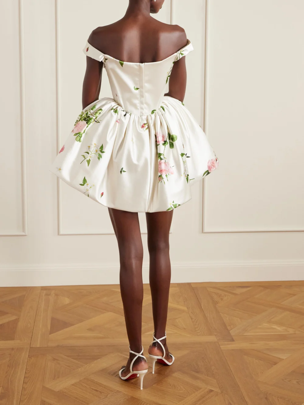 Back view of the Vivienne Westwood Bagatelle Off-the-shoulder Gathered Floral-print Duchesse Silk-satin Mini Dress