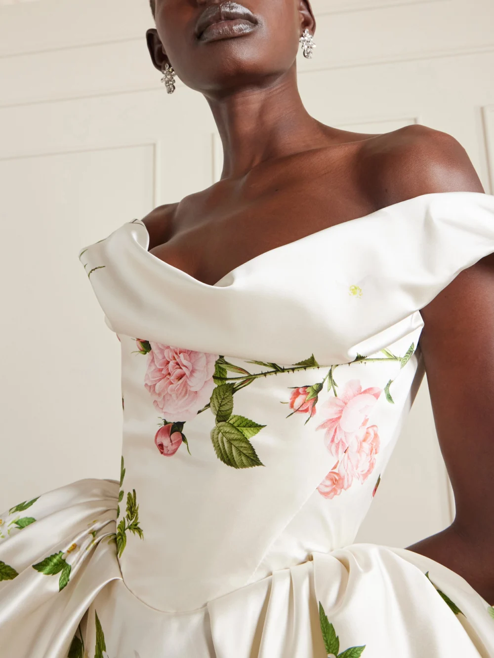 Close-up detail of the Vivienne Westwood Bagatelle Off-the-shoulder Gathered Floral-print Duchesse Silk-satin Mini Dress