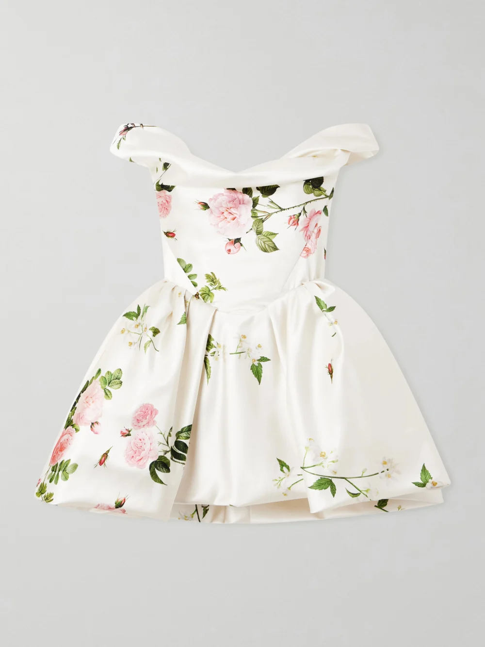 Vivienne Westwood Bagatelle Off-the-shoulder Gathered Floral-print Duchesse Silk-satin Mini Dress in white