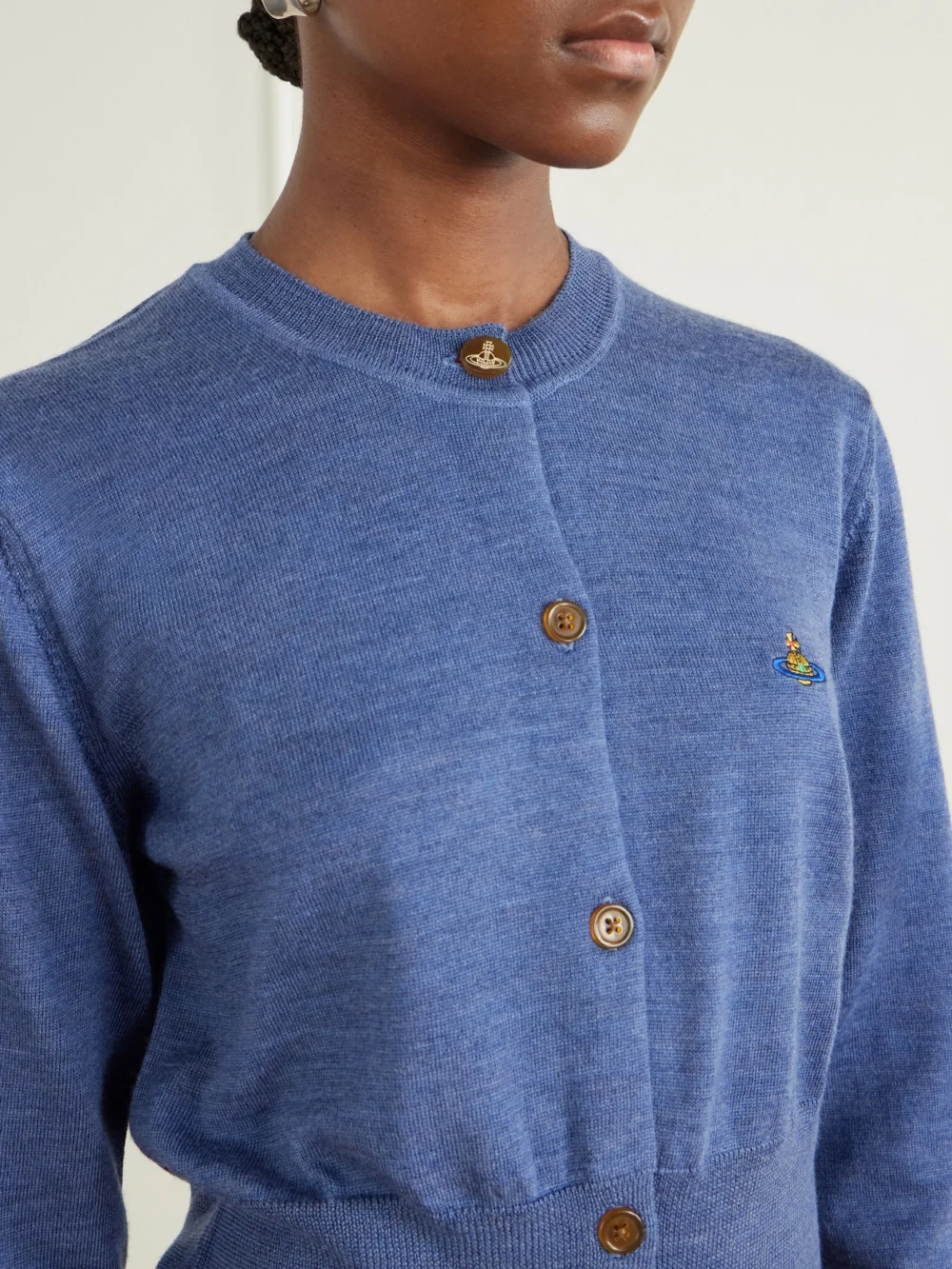 Close-up detail of the Vivienne Westwood Bea Logo-embroidered Wool and Silk-blend Cardigan