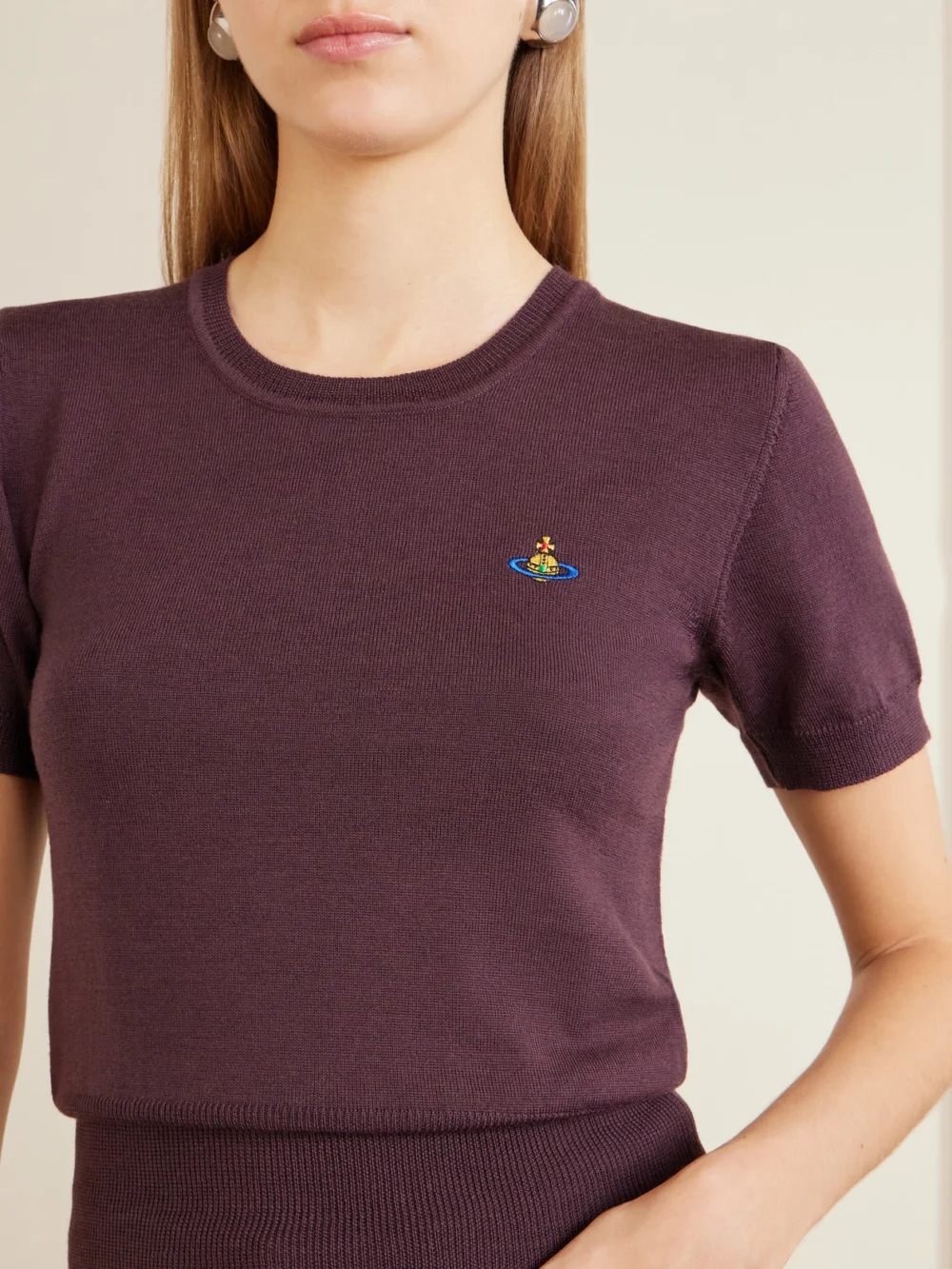 Close-up detail of the Vivienne Westwood Bea Logo-embroidered Wool T-shirt