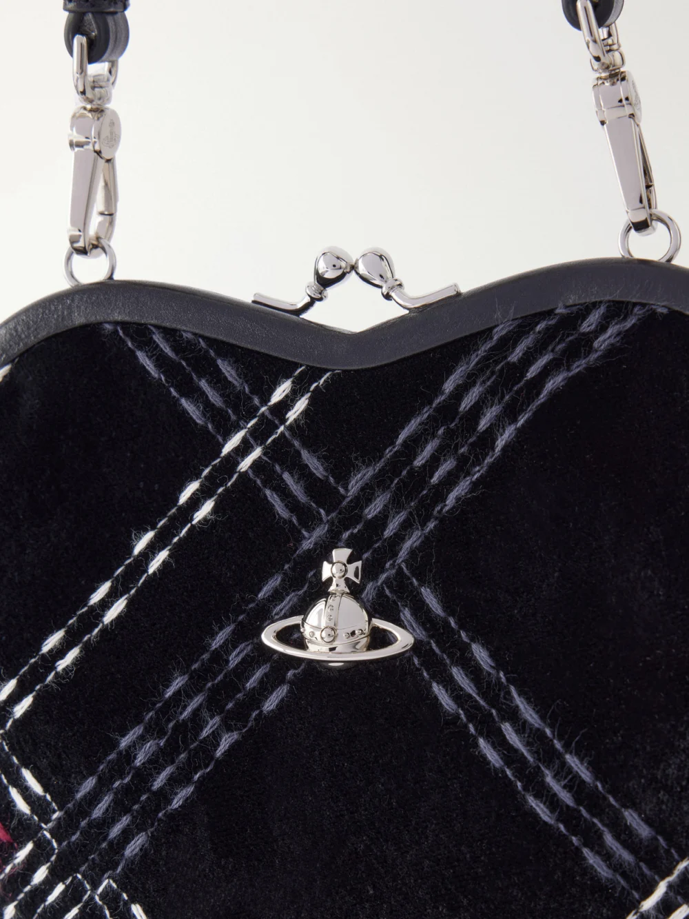 Close-up detail of the Vivienne Westwood Belle Mini Checked Velvet Shoulder Bag