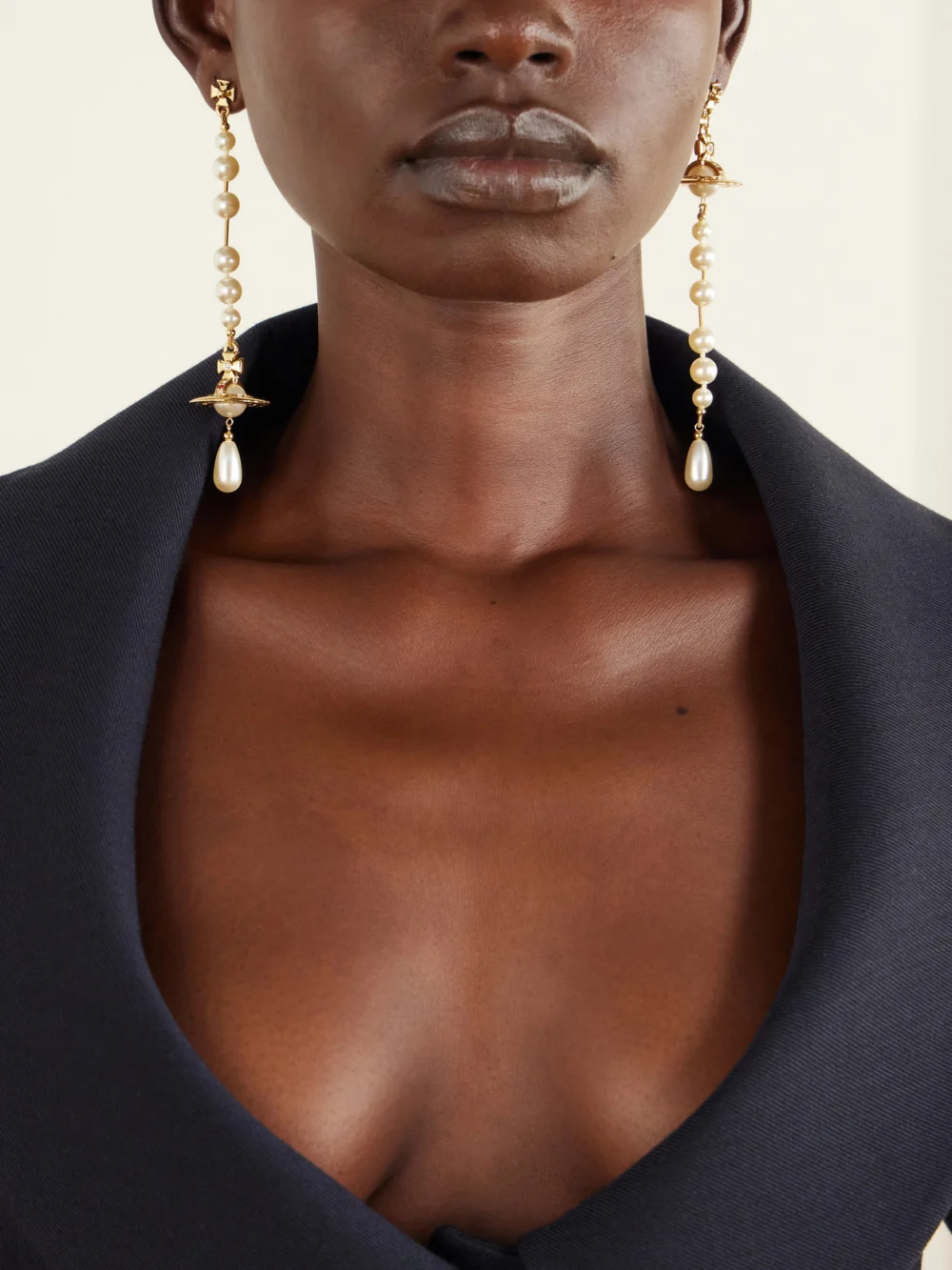 Vivienne Westwood Broken Pearl Gold-tone Earrings, styled view