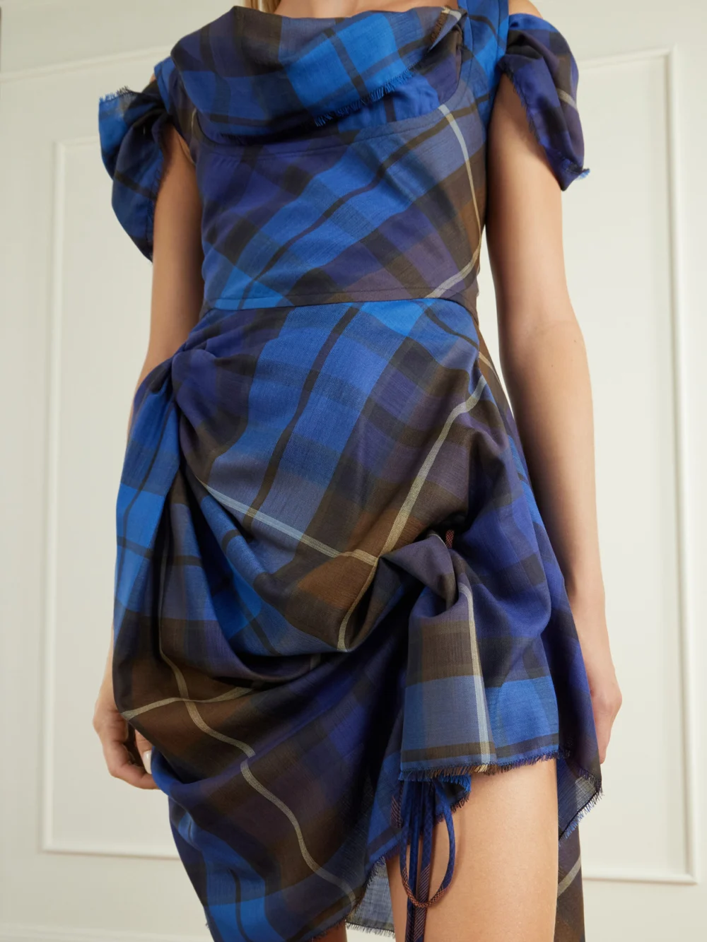 Close-up detail of the Vivienne Westwood Buchanan Tartan Wool Mini Dress