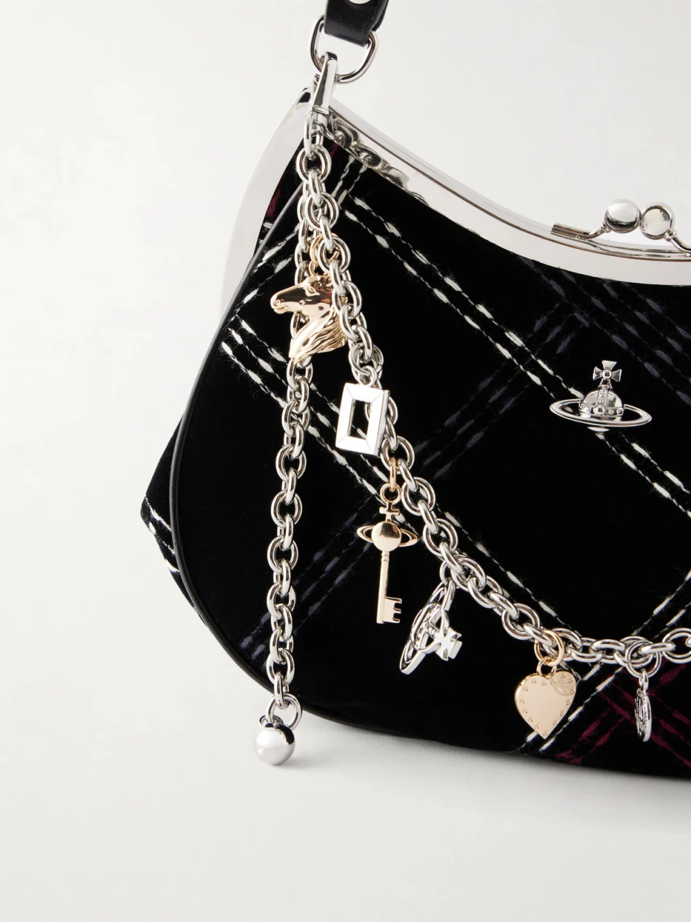 Close-up detail of the Vivienne Westwood Charm Frame Embellished Embroidered Velvet Shoulder Bag