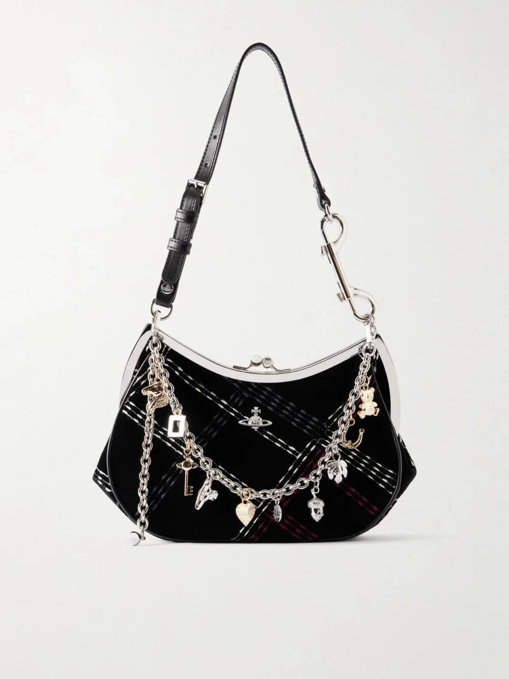 Vivienne Westwood Charm Frame Embellished Embroidered Velvet Shoulder Bag in black