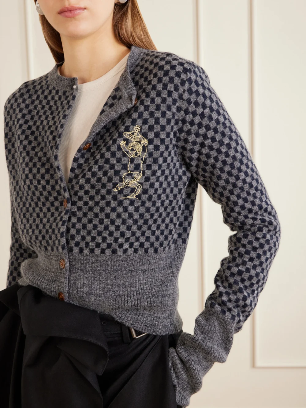 Close-up detail of the Vivienne Westwood Checkmate Logo-embroidered Alpaca, Cotton and Wool-blend Cardigan