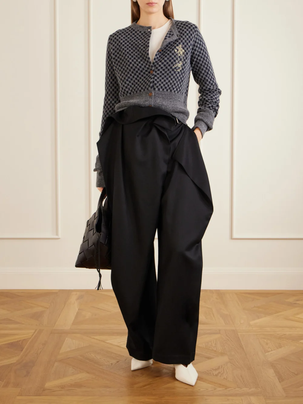 Vivienne Westwood Checkmate Logo-embroidered Alpaca, Cotton and Wool-blend Cardigan, worn by a model