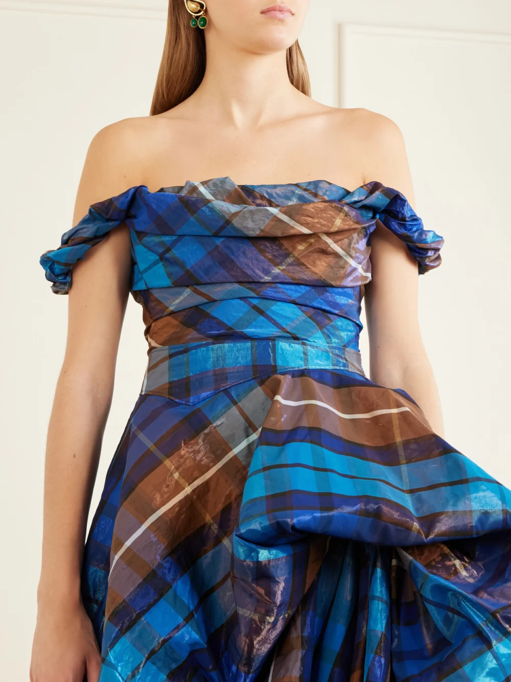 Close-up detail of the Vivienne Westwood Chichi Asymmetric Checked Organza-cloqué Gown