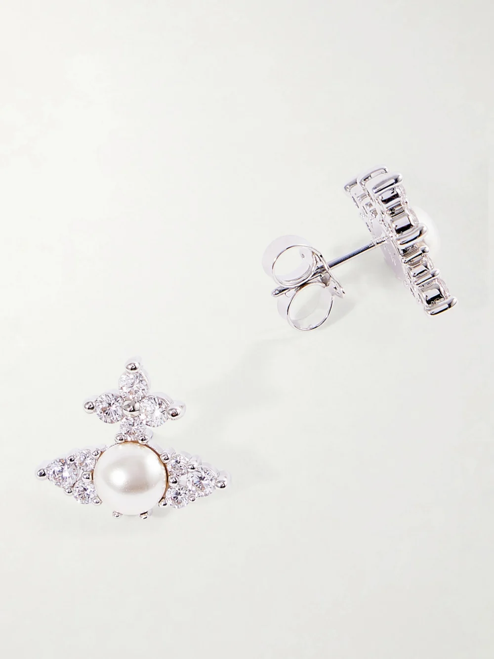 Back view of the Vivienne Westwood Fedora Silver-tone Pearl-effect Crystal Earrings