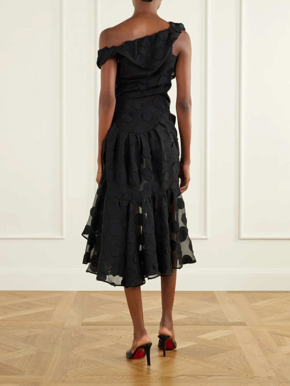 Back view of the Vivienne Westwood Flocked Chiffon Polka-dot Midi Dress