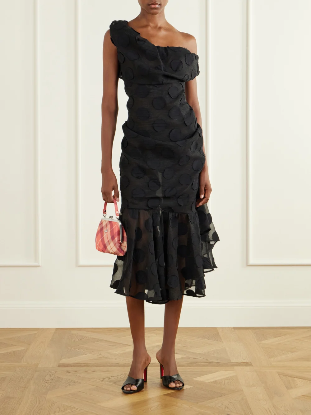 Vivienne Westwood Flocked Chiffon Polka-dot Midi Dress, worn by a model
