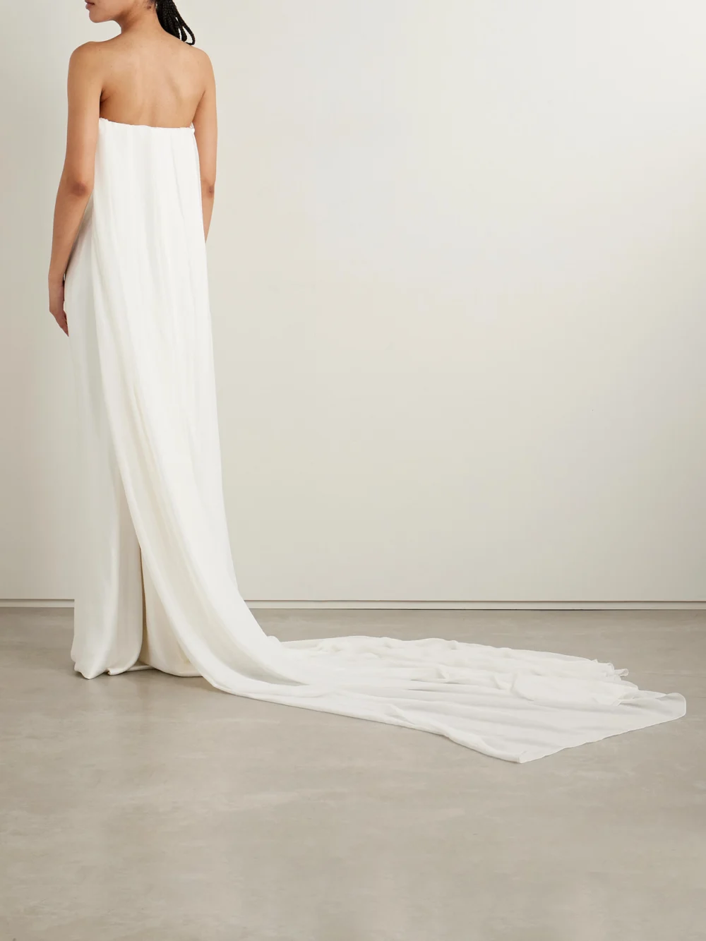Back view of the Vivienne Westwood Galaxy Cape-effect Strapless Organic Silk Chiffon-trimmed Satin Gown