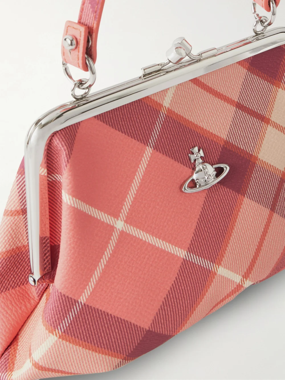 Close-up detail of the Vivienne Westwood Granny Frame Mini Orb-detailed Checked Top-handle Bag