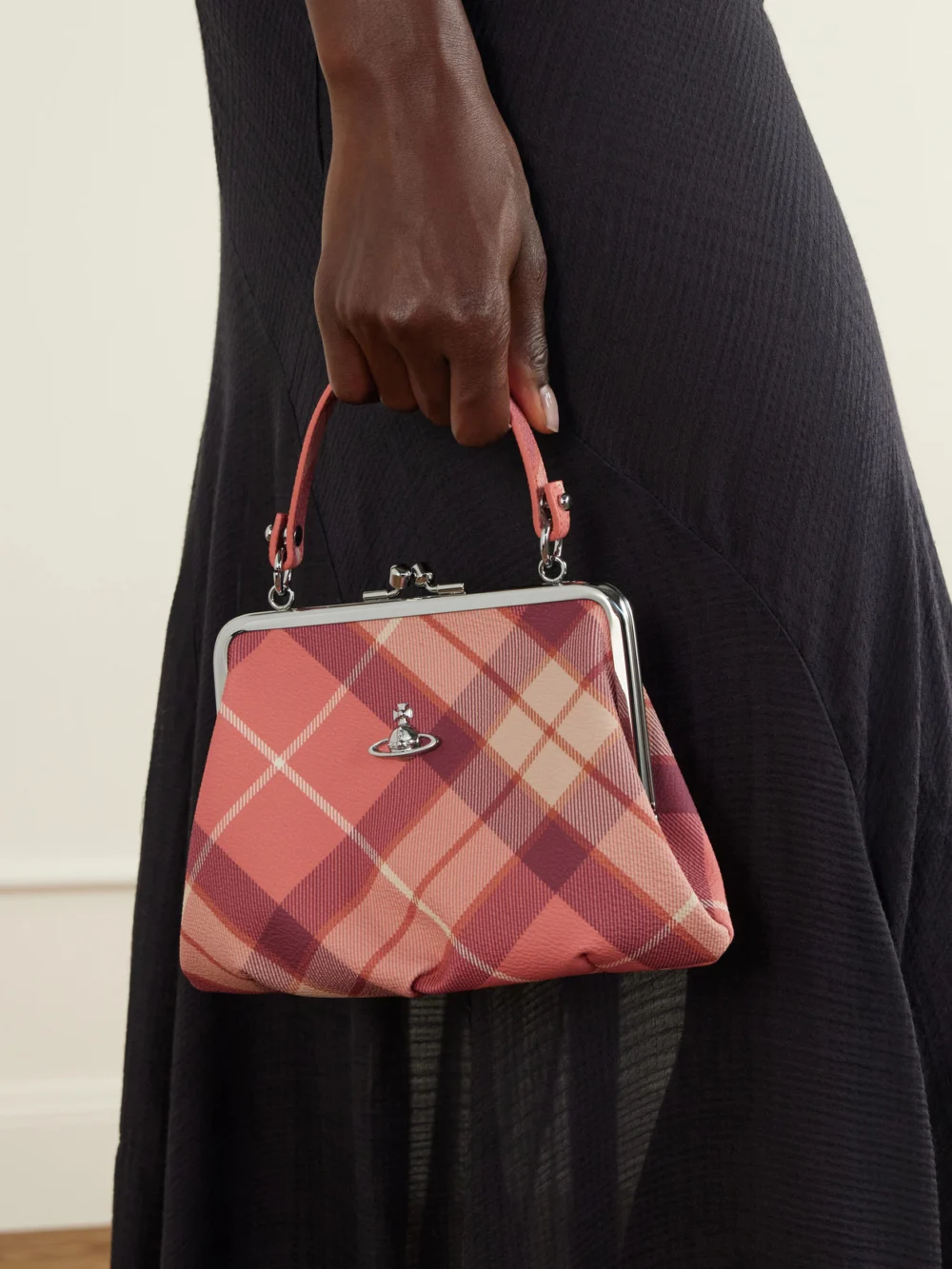 Vivienne Westwood Granny Frame Mini Orb-detailed Checked Top-handle Bag, styled view