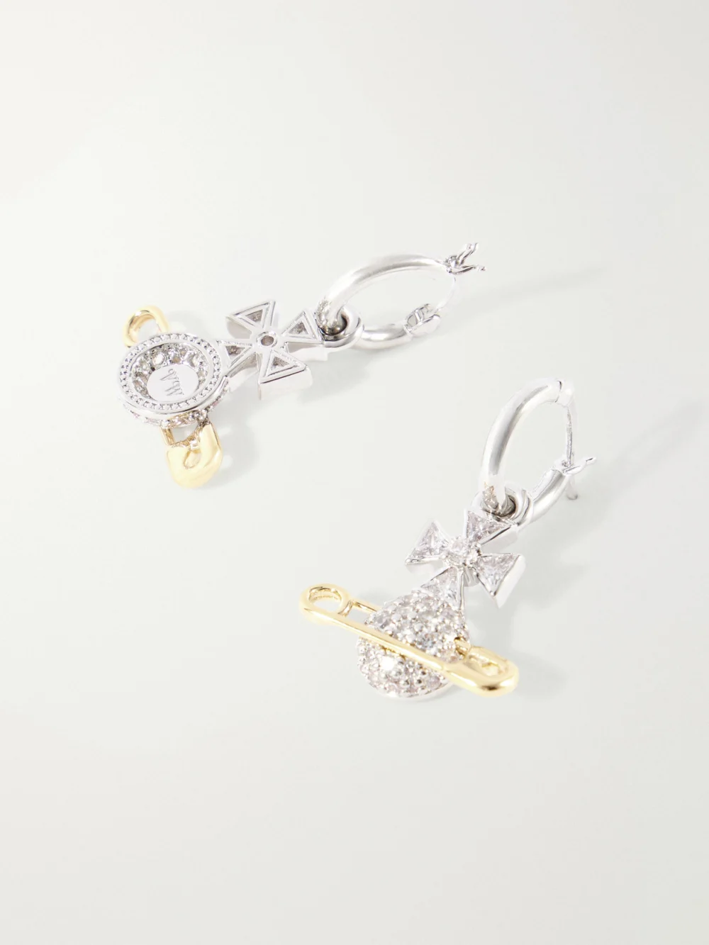 Close-up detail of the Vivienne Westwood Hectorina Gold and Silver-tone Crystal Earrings