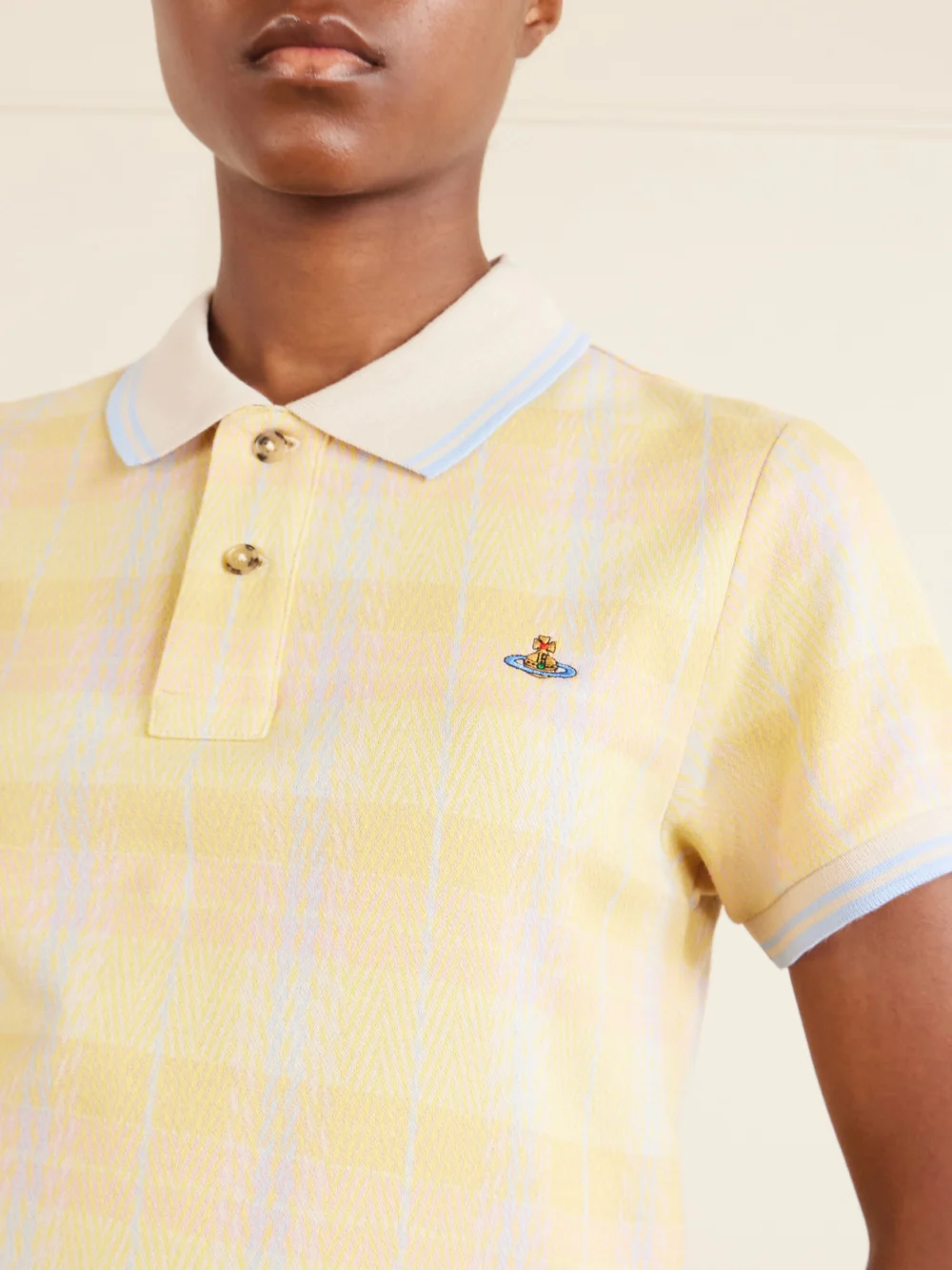 Close-up detail of the Vivienne Westwood Logo-embroidered Checked Cotton-piqué Polo Shirt