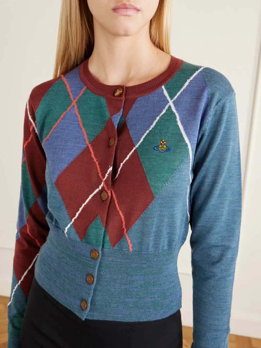 Close-up detail of the Vivienne Westwood Logo-embroidered Checked Wool and Cotton-blend Cardigan