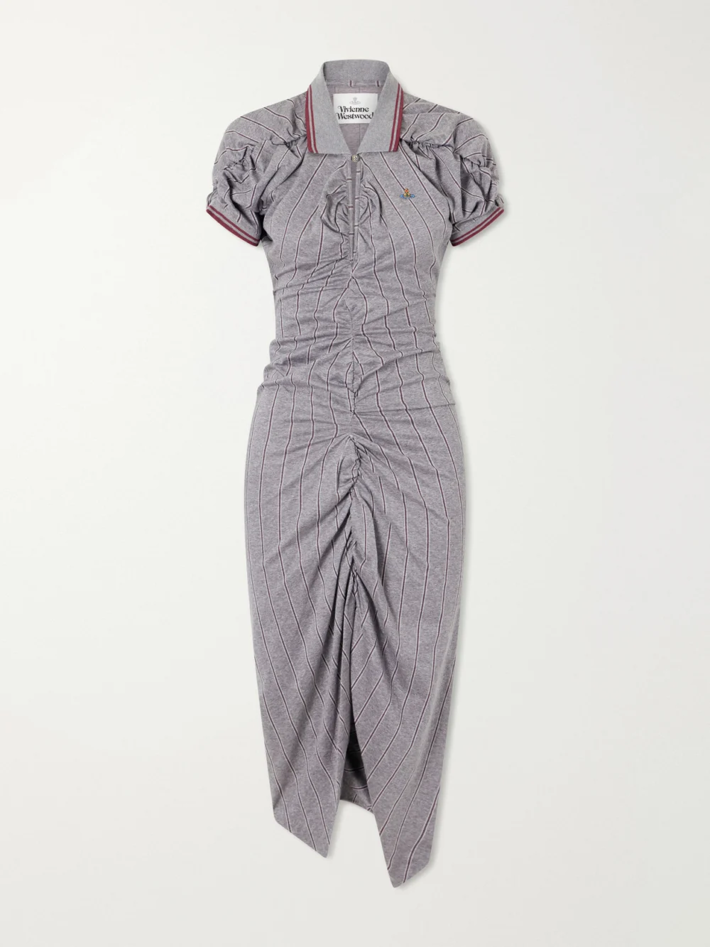Vivienne Westwood Logo-embroidered Striped Gathered Cotton Jersey Midi Dress in gray