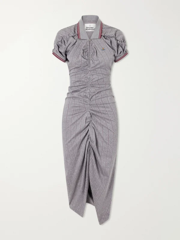 Vivienne Westwood Logo-embroidered Striped Gathered Cotton Jersey Midi Dress