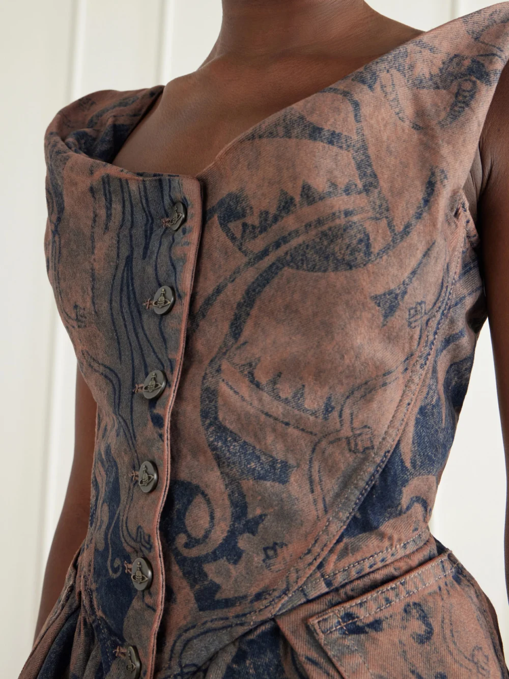 Close-up detail of the Vivienne Westwood Monday Vest Rinted Organic Denim Corset Top