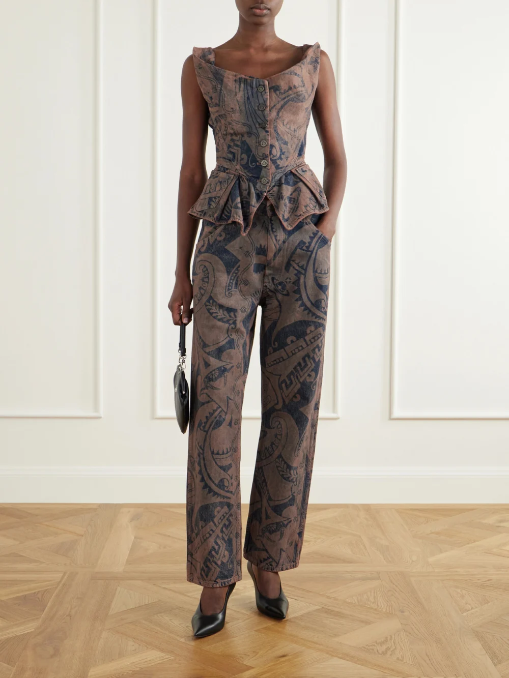 Vivienne Westwood Monday Vest Rinted Organic Denim Corset Top, worn by a model