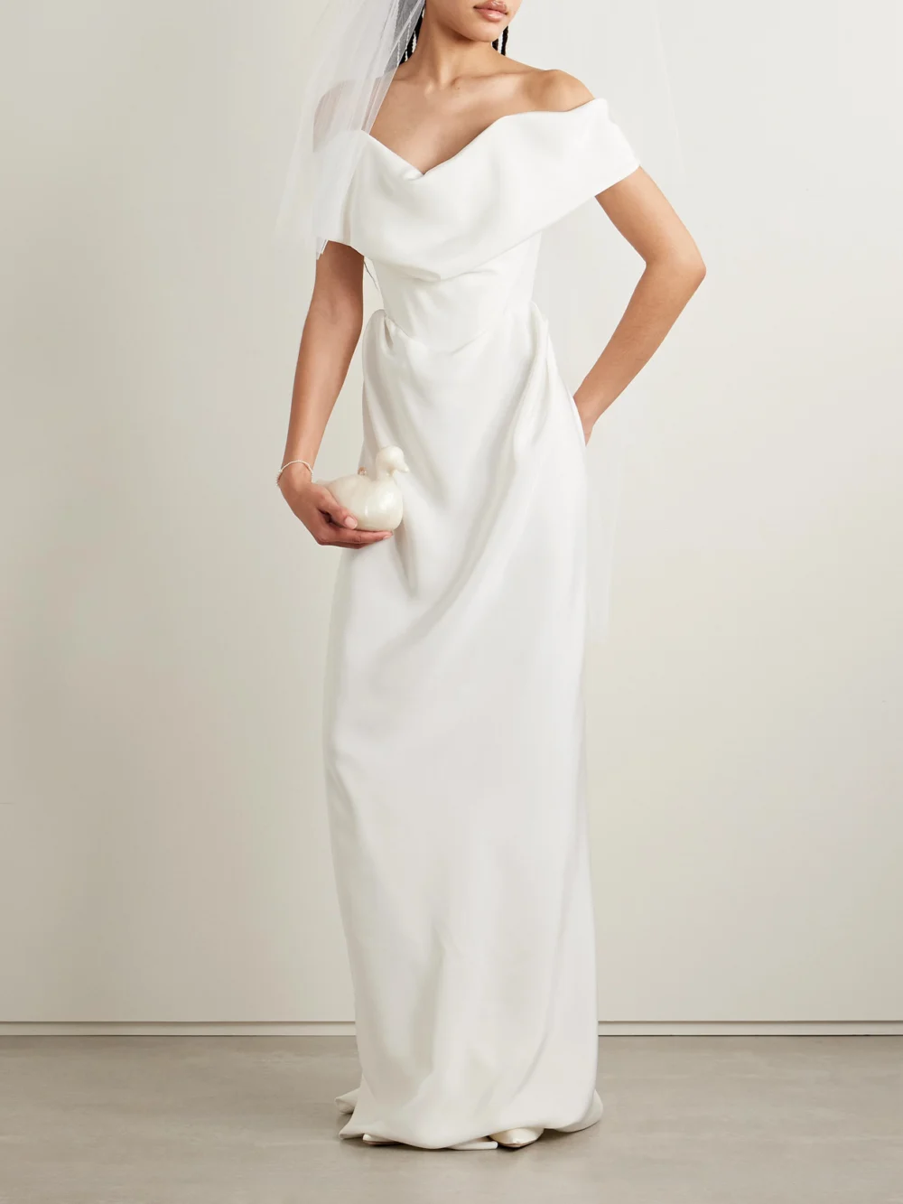 Vivienne Westwood Nova Cocotte Off-the-shoulder Draped Silk-crepe Gown, worn by a model