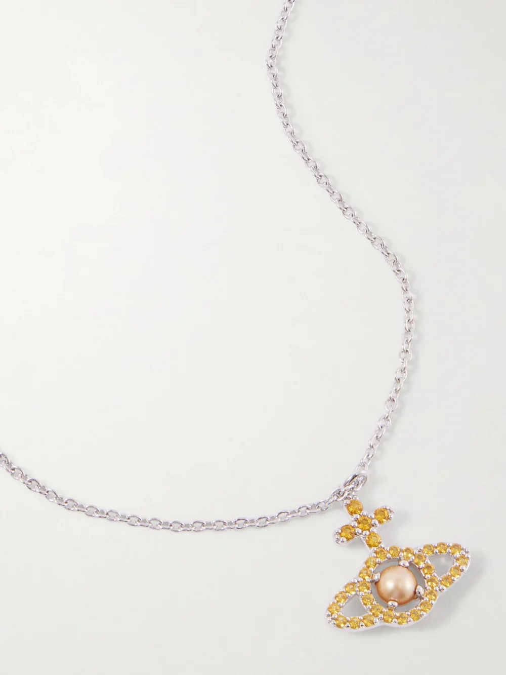 Close-up detail of the Vivienne Westwood Olympia Platinum, Crystal and Pearl Necklace
