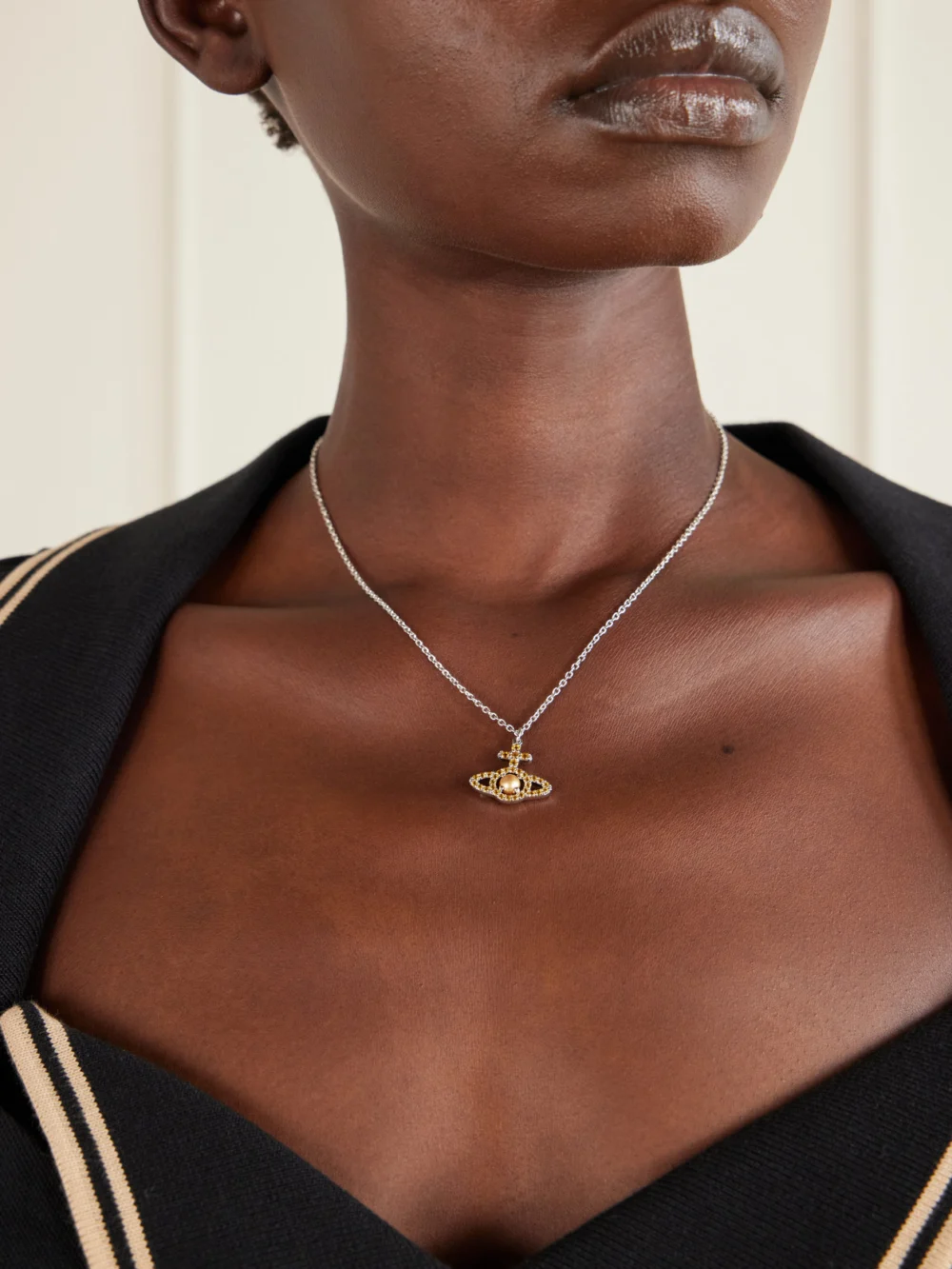 Vivienne Westwood Olympia Platinum, Crystal and Pearl Necklace, styled view