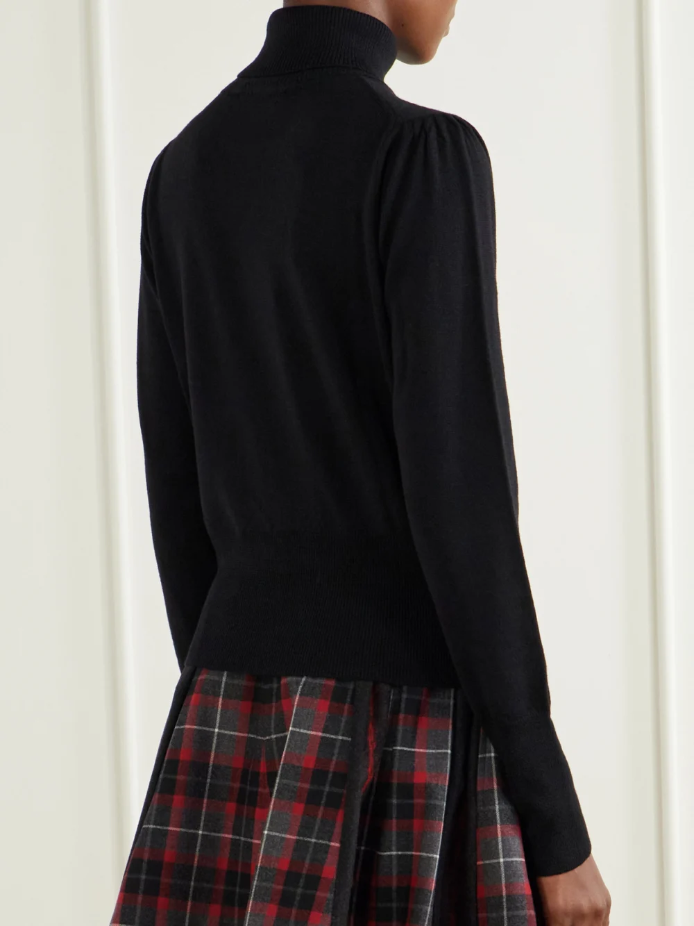 Back view of the Vivienne Westwood Pamela Logo-embroidered Gathered Wool Turtleneck Sweater