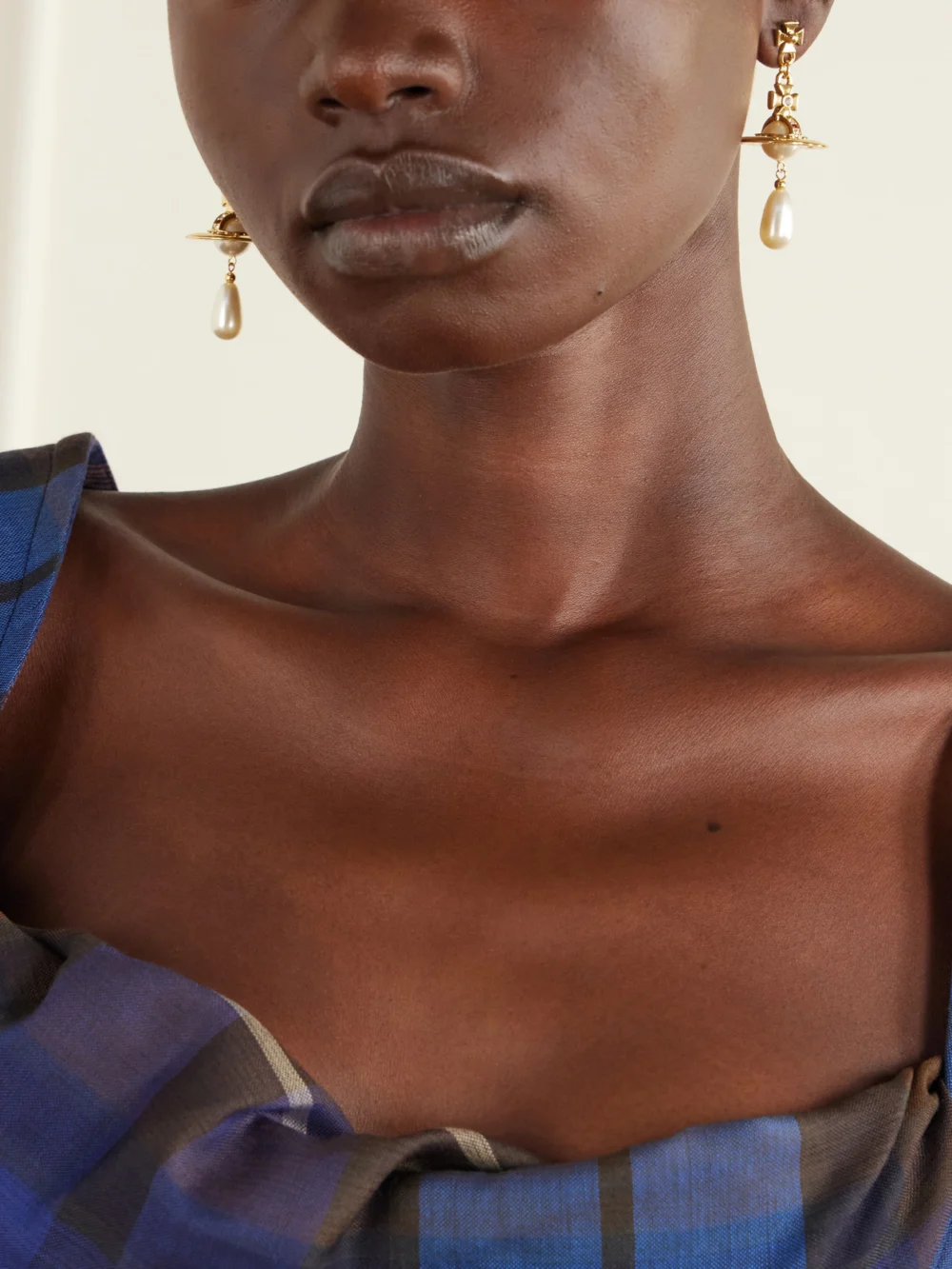 Vivienne Westwood Pearl Drop Crystal-embellished Gold-tone Earrings, styled view