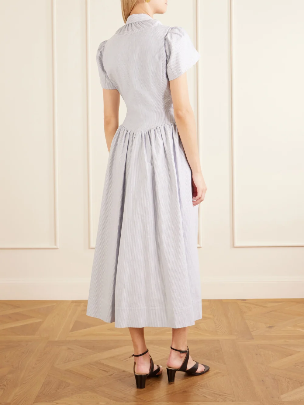 Back view of the Vivienne Westwood Pleated Striped Cotton Oxford Midi Dress