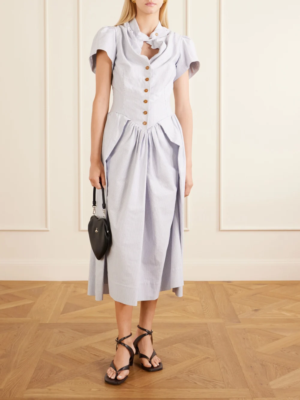 Vivienne Westwood Pleated Striped Cotton Oxford Midi Dress, worn by a model